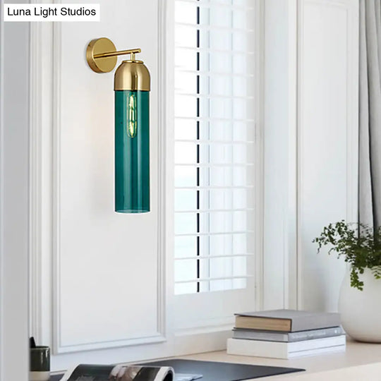 Modern Tubular Sconce Cream/Green Glass Wall Lighting Fixture With Metal Arm - 1 Head