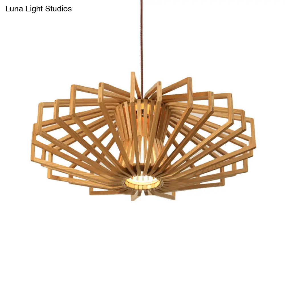 Modern Beige Single Wood Ceiling Pendant Light For Bedroom - Ufo Hollowed Out Design