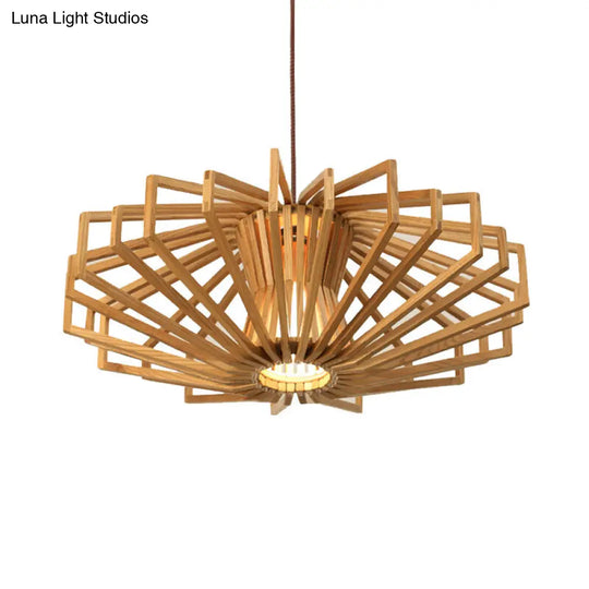 Modern Beige Single Wood Ceiling Pendant Light For Bedroom - Ufo Hollowed Out Design