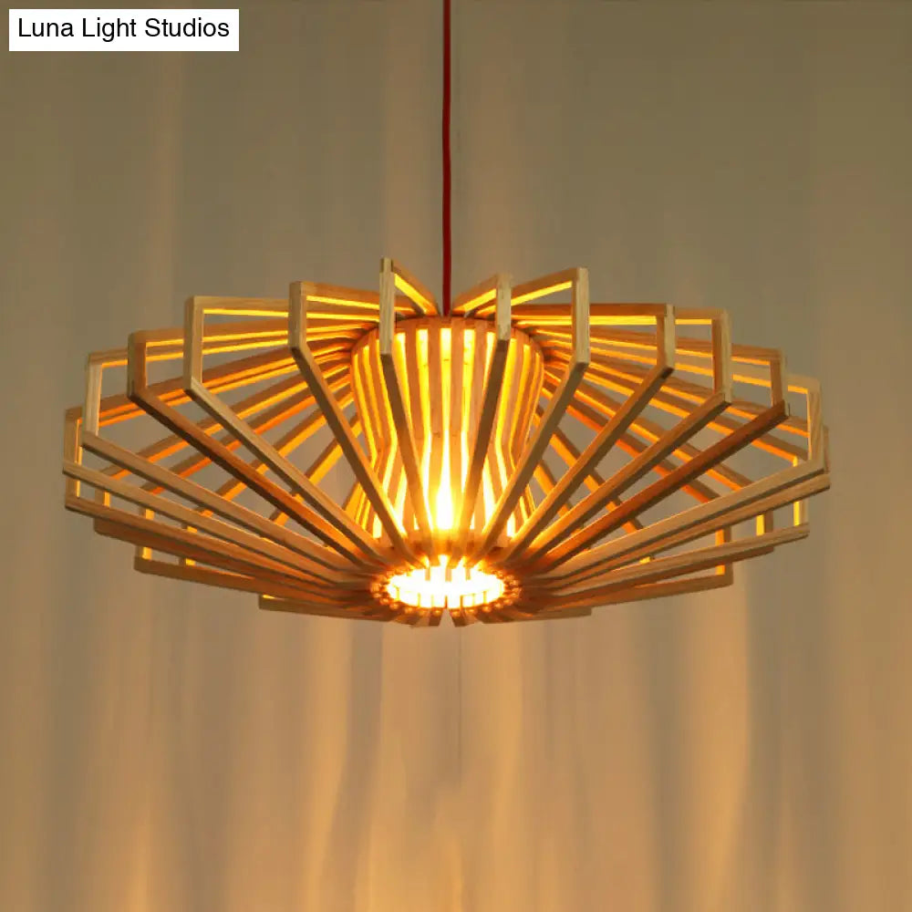Modern Ufo Wood Ceiling Pendant With Single Beige Suspension Light For Bedroom