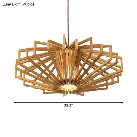 Modern Beige Single Wood Ceiling Pendant Light For Bedroom - Ufo Hollowed Out Design