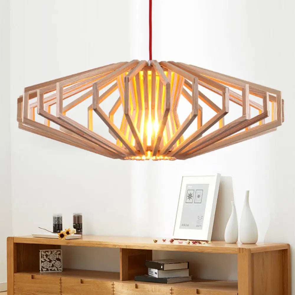 Modern Ufo Wood Ceiling Pendant With Single Beige Suspension Light For Bedroom