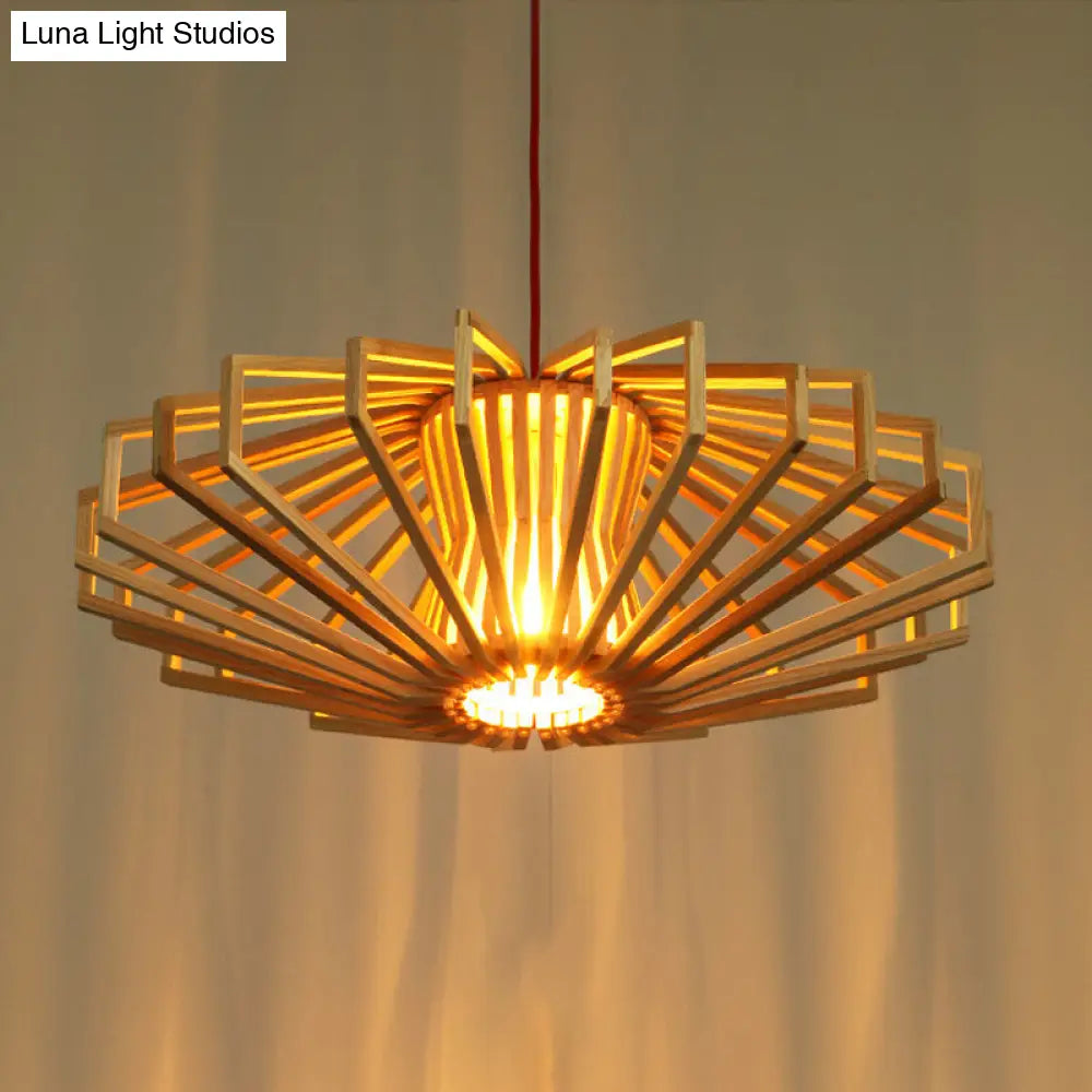 Modern Beige Single Wood Ceiling Pendant Light For Bedroom - Ufo Hollowed Out Design