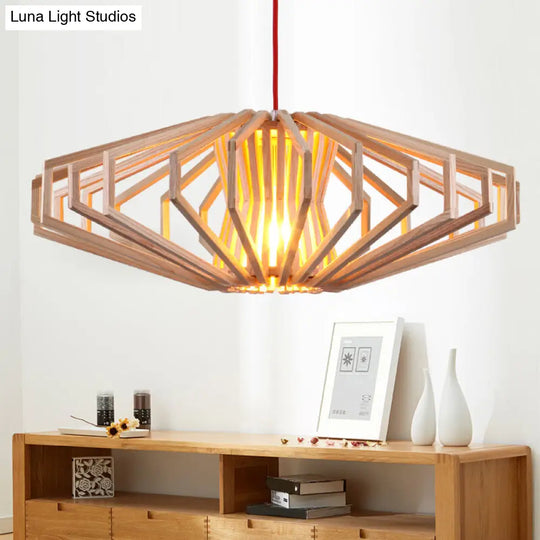 Modern Beige Single Wood Ceiling Pendant Light For Bedroom - Ufo Hollowed Out Design