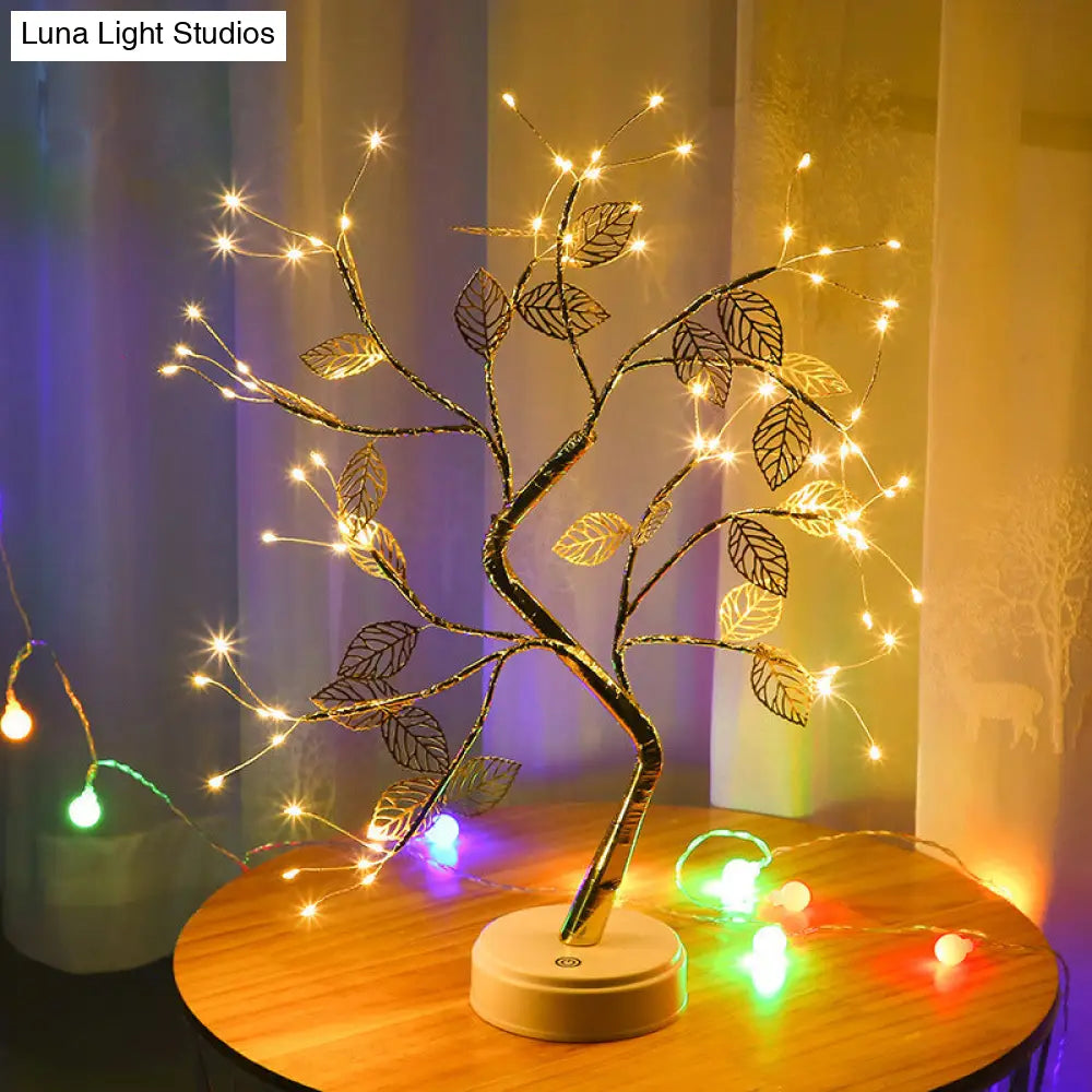 Modern Usb Tree Nightstand Lamp: Metallic Gold Led Table Light For Living Room