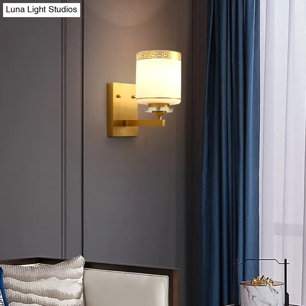 Modern Wall Mounted Lamp With Drum Shade And White Glass In Brass- Perfect For Hallways