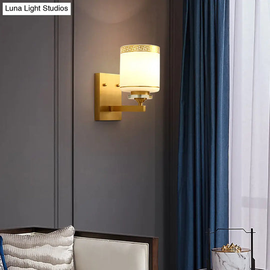 Modern Wall Mounted Lamp With Drum Shade And White Glass In Brass- Perfect For Hallways