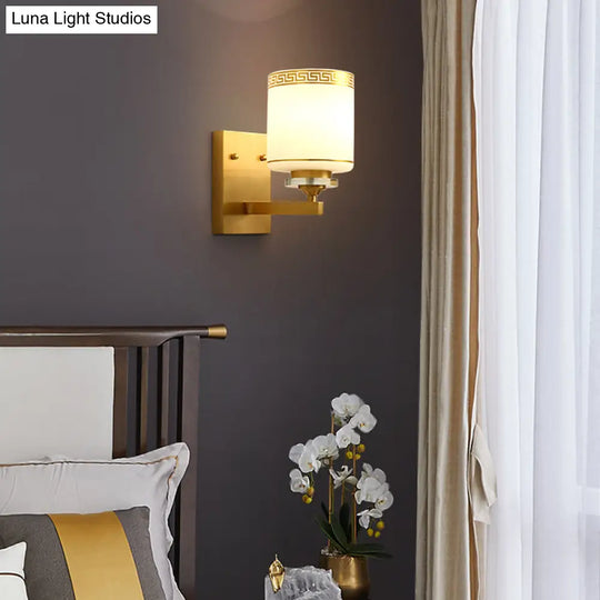 Modern Wall Mounted Lamp With Drum Shade And White Glass In Brass- Perfect For Hallways