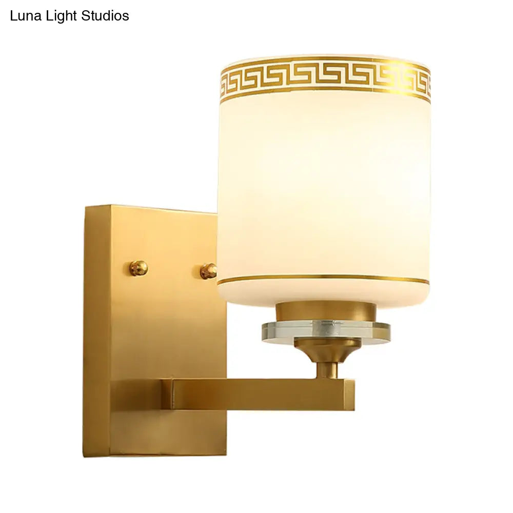 Modern Wall Mounted Lamp With Drum Shade And White Glass In Brass- Perfect For Hallways