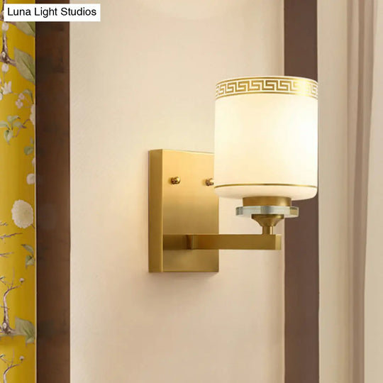 Modern Wall Mounted Lamp With Drum Shade And White Glass In Brass- Perfect For Hallways