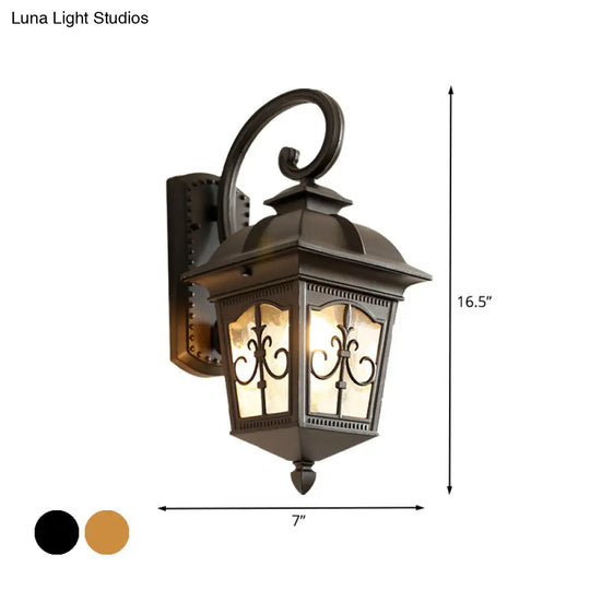 Modern Wall Sconce: Aluminum Lodges Lantern Lamp In Black/Brass With Water Glass Shade