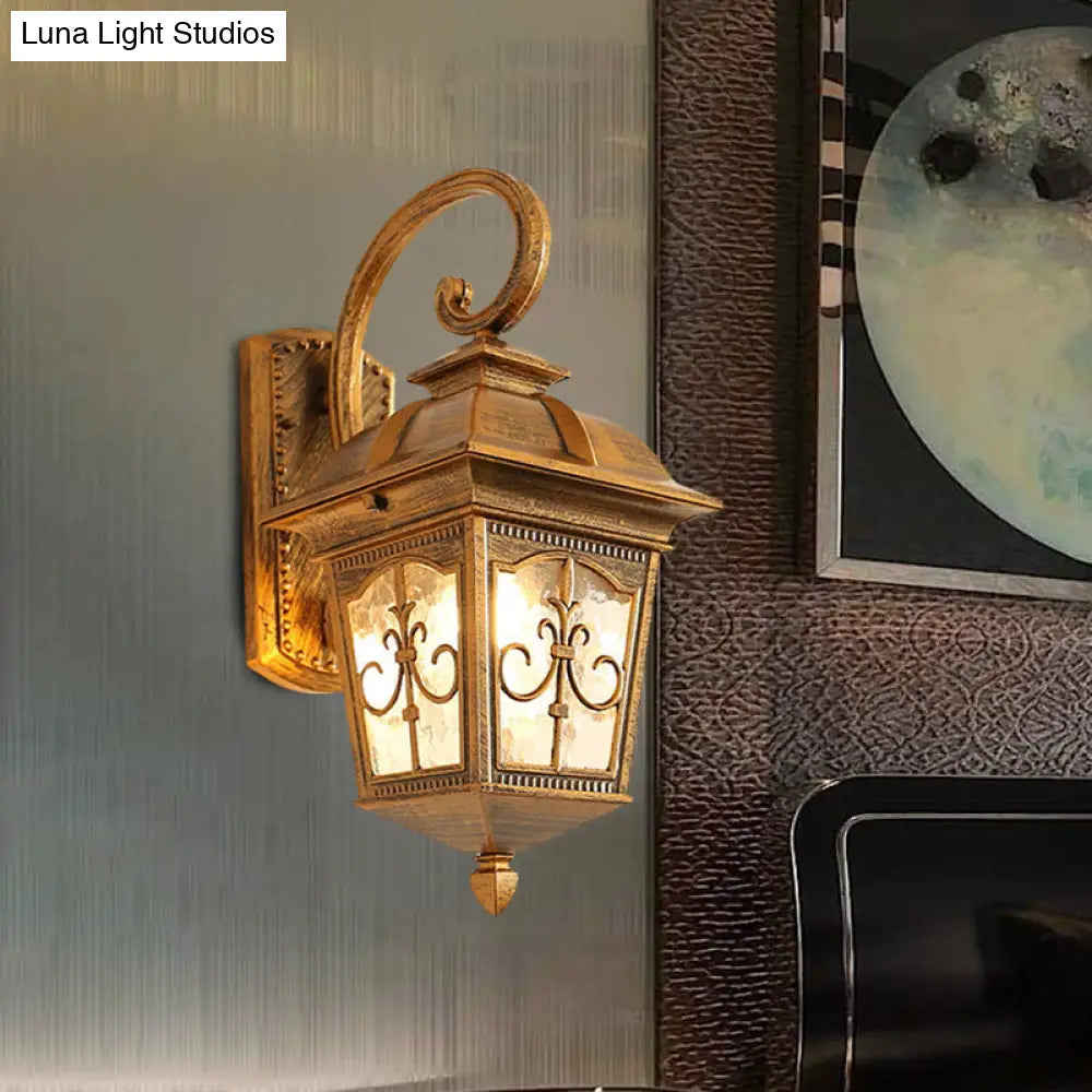 Modern Wall Sconce: Aluminum Lodges Lantern Lamp In Black/Brass With Water Glass Shade