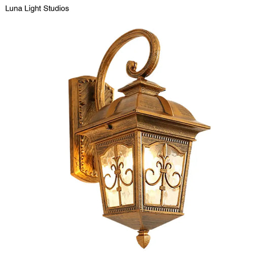 Modern Wall Sconce: Aluminum Lodges Lantern Lamp In Black/Brass With Water Glass Shade