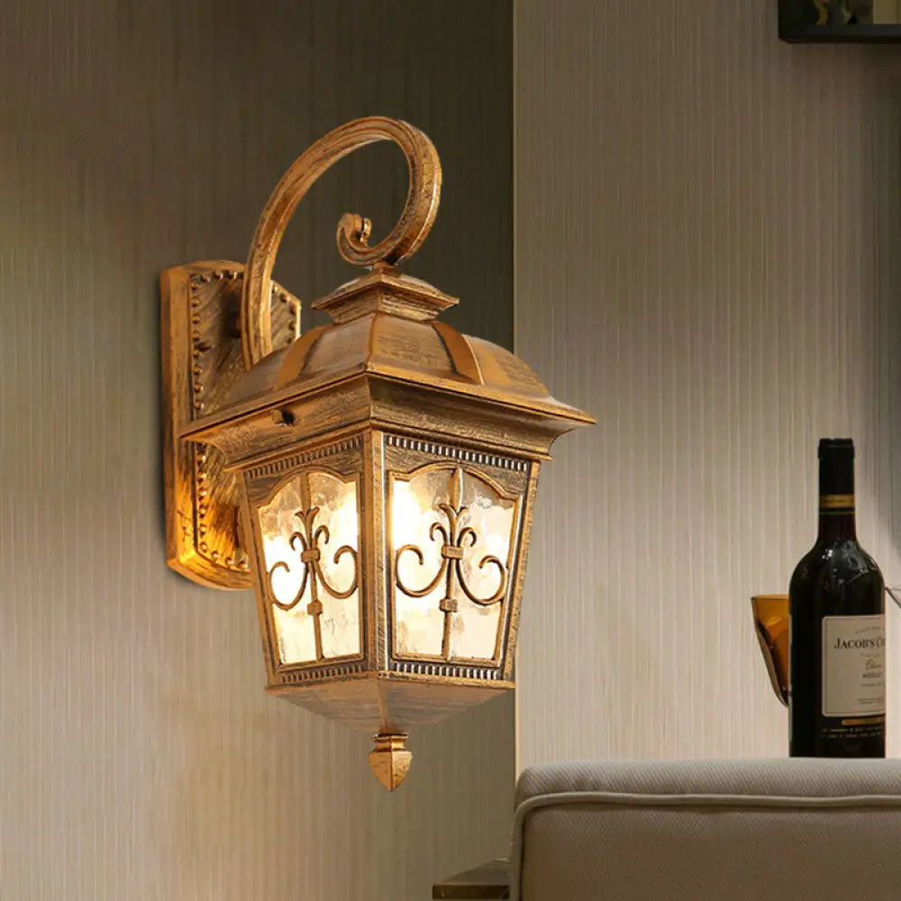 Modern Wall Sconce: Aluminum Lodges Lantern Lamp In Black/Brass With Water Glass Shade Brass