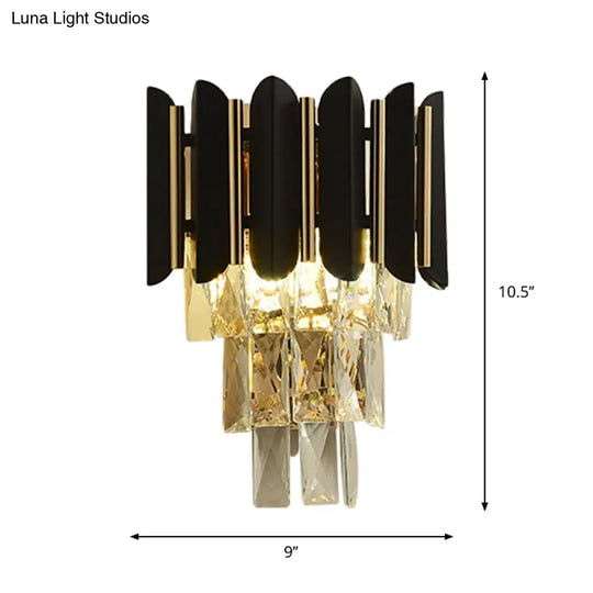 Modern Wall Sconce With Clear Faceted Crystals And Black Finish - 2 Heads