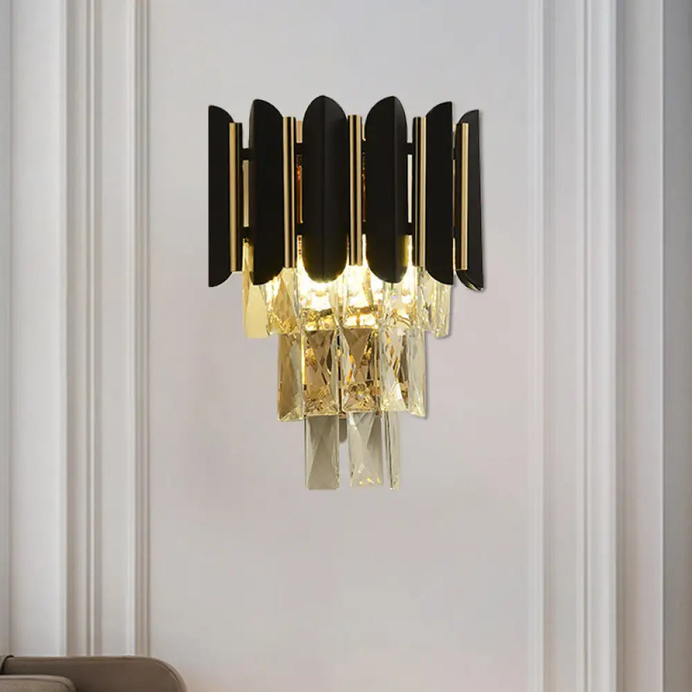 Modern Wall Sconce With Clear Faceted Crystals And Black Finish - 2 Heads