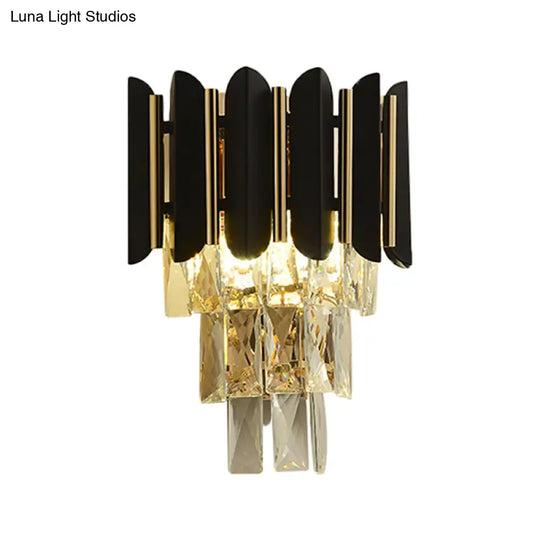 Modern Wall Sconce With Clear Faceted Crystals And Black Finish - 2 Heads