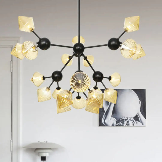 Modern Warehouse Style Chandelier Lamp With Diamond Design - 13’/27.5’/34’ Width Amber/Clear