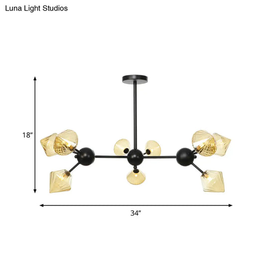 Modern Warehouse Style Chandelier Lamp With Diamond Design - 13’/27.5’/34’ Width Amber/Clear