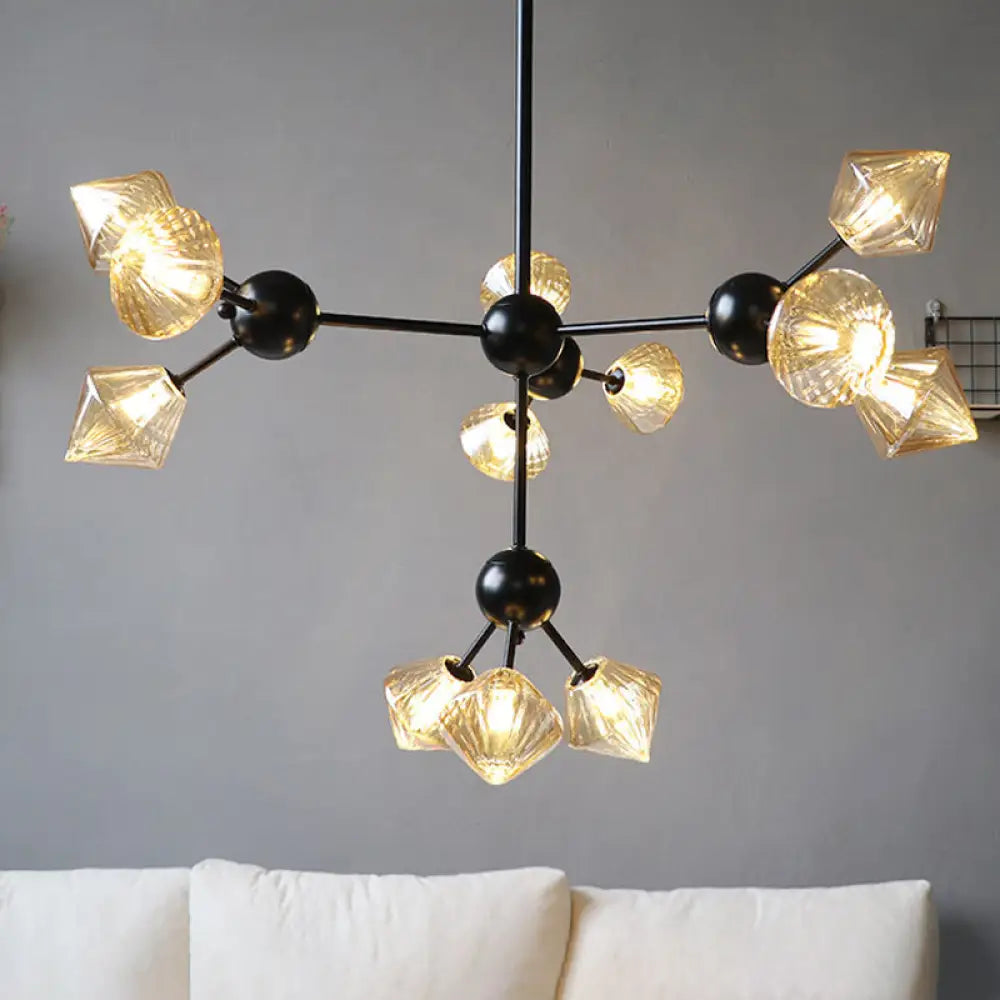 Modern Warehouse Style Chandelier Lamp With Diamond Design - 13’/27.5’/34’ Width Amber/Clear