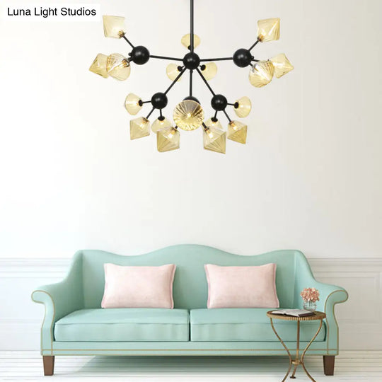 Modern Warehouse Style Chandelier Lamp With Diamond Design - 13’/27.5’/34’ Width Amber/Clear