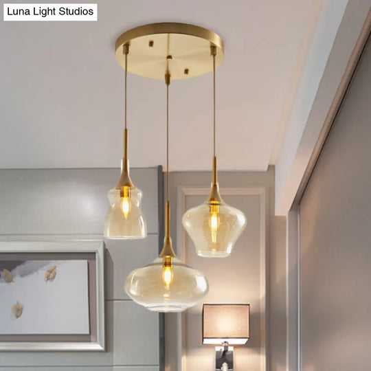 Modern Wavy Glass Ceiling Light Pendant With Gold Finish - Clear/Cognac 3 Bulbs