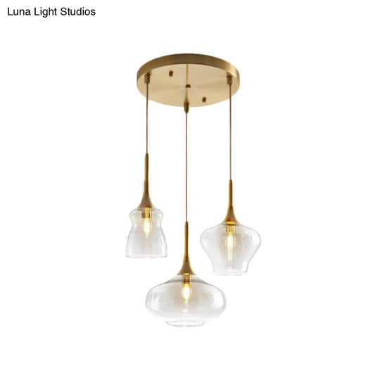 Modern Wavy Glass Ceiling Light Pendant With Gold Finish - Clear/Cognac 3 Bulbs