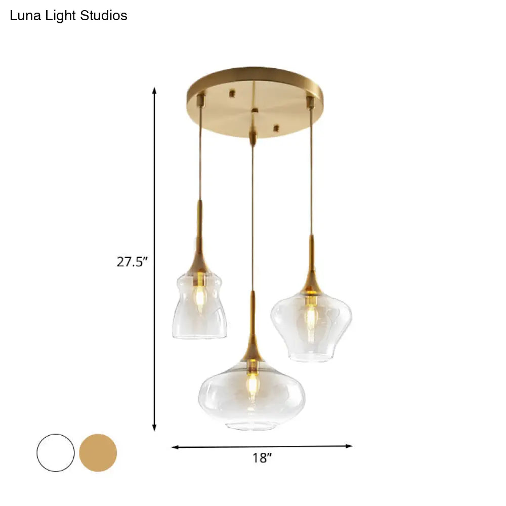 Modern Wavy Glass Ceiling Light Pendant With Gold Finish - Clear/Cognac 3 Bulbs