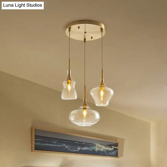 Modern Wavy Glass Ceiling Light Pendant With Gold Finish - Clear/Cognac 3 Bulbs