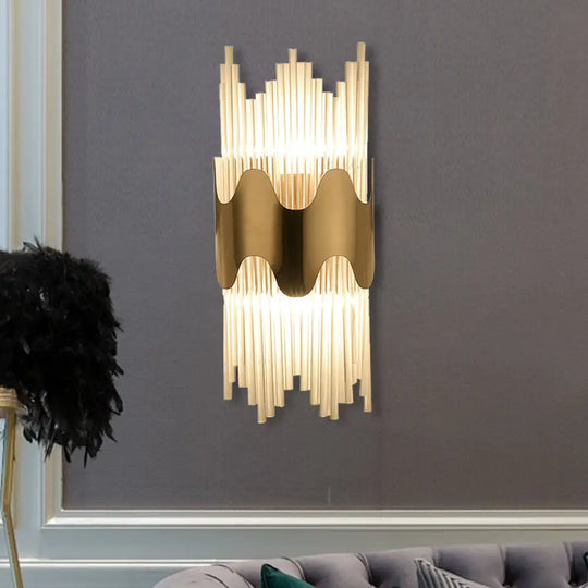 Modern Wavy Wall Sconce With Clear Crystal And 2 Lights In Brass Finish For Bedroom Lighting