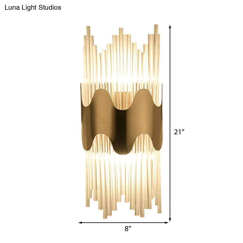 Modern Wavy Wall Sconce With Clear Crystal And 2 Lights In Brass Finish For Bedroom Lighting