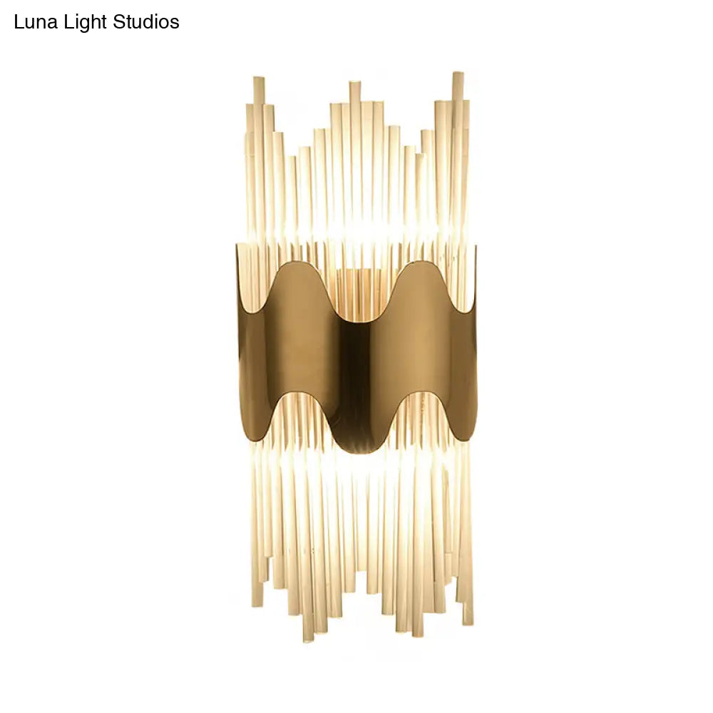 Modern Wavy Wall Sconce With Clear Crystal And 2 Lights In Brass Finish For Bedroom Lighting