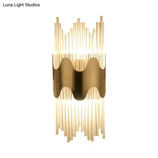 Modern Wavy Wall Sconce With Clear Crystal And 2 Lights In Brass Finish For Bedroom Lighting