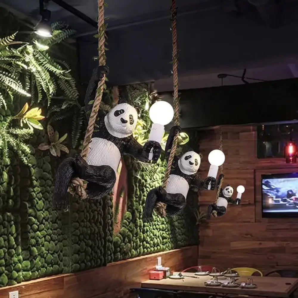 Modern White And Black Panda Hanging Lamp - Artistic 1-Bulb Pendant Ceiling Light For Restaurants