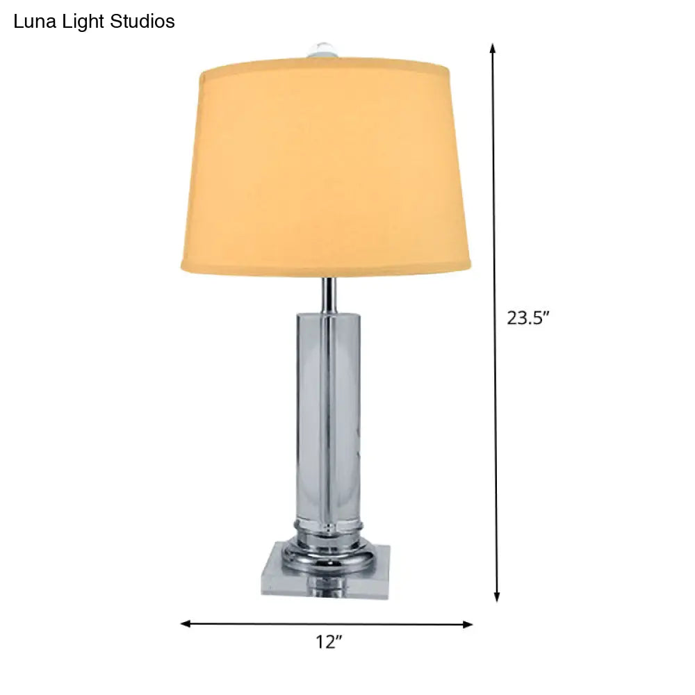 Modern White Barrel Night Table Lamp - 1 Head Task Lighting With Fabric Shade And Crystal Base