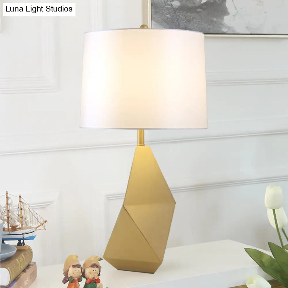 Modern White Barrel Task Lamp With Gold Geometric Metal Base