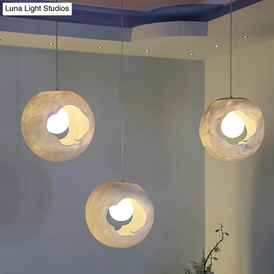 Modern White Pendulum Hanging Lamp Kit With Laser-Cut Ball Resin Shade - 1 Bulb Bedroom Light