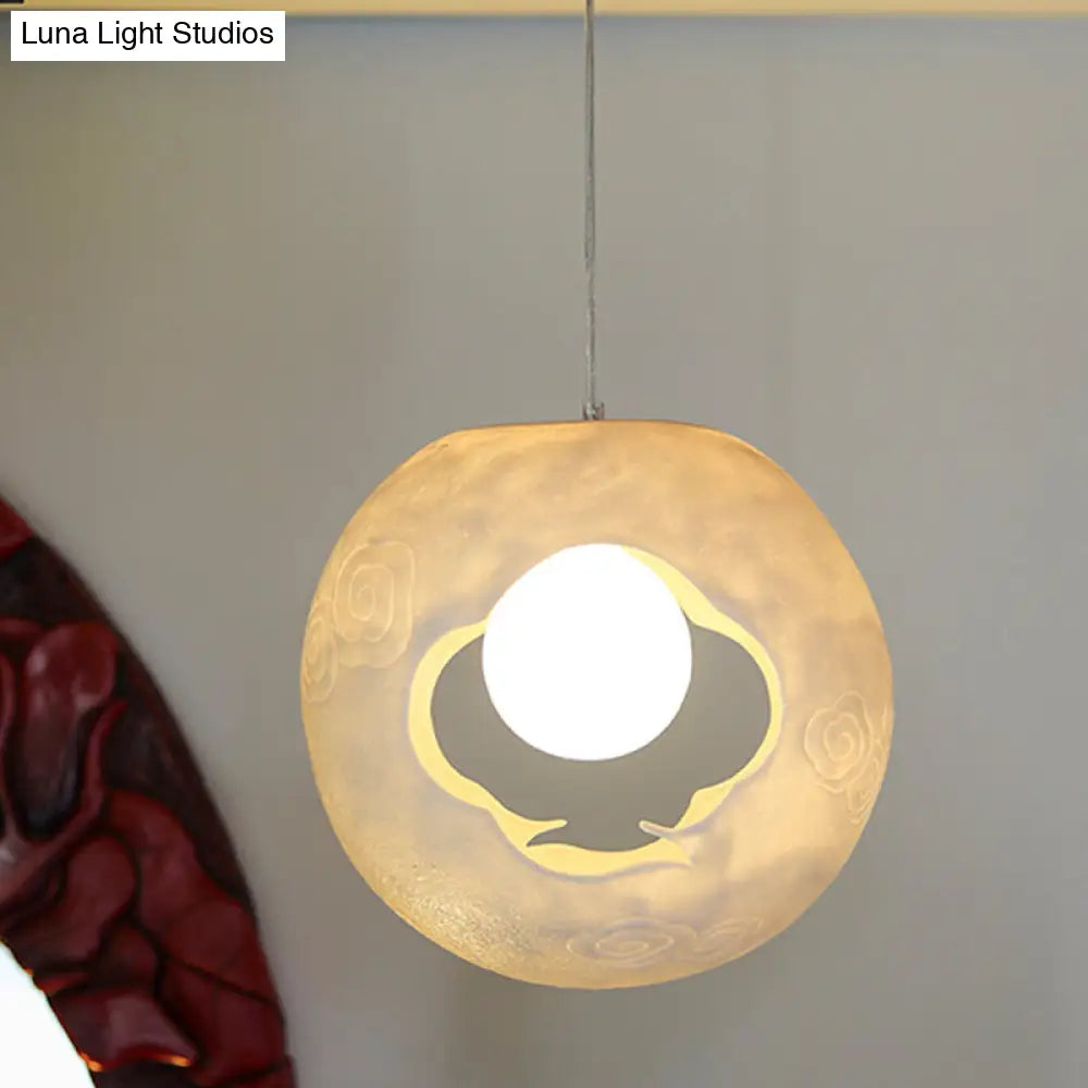 Modern White Pendulum Hanging Lamp Kit With Laser-Cut Ball Resin Shade - 1 Bulb Bedroom Light