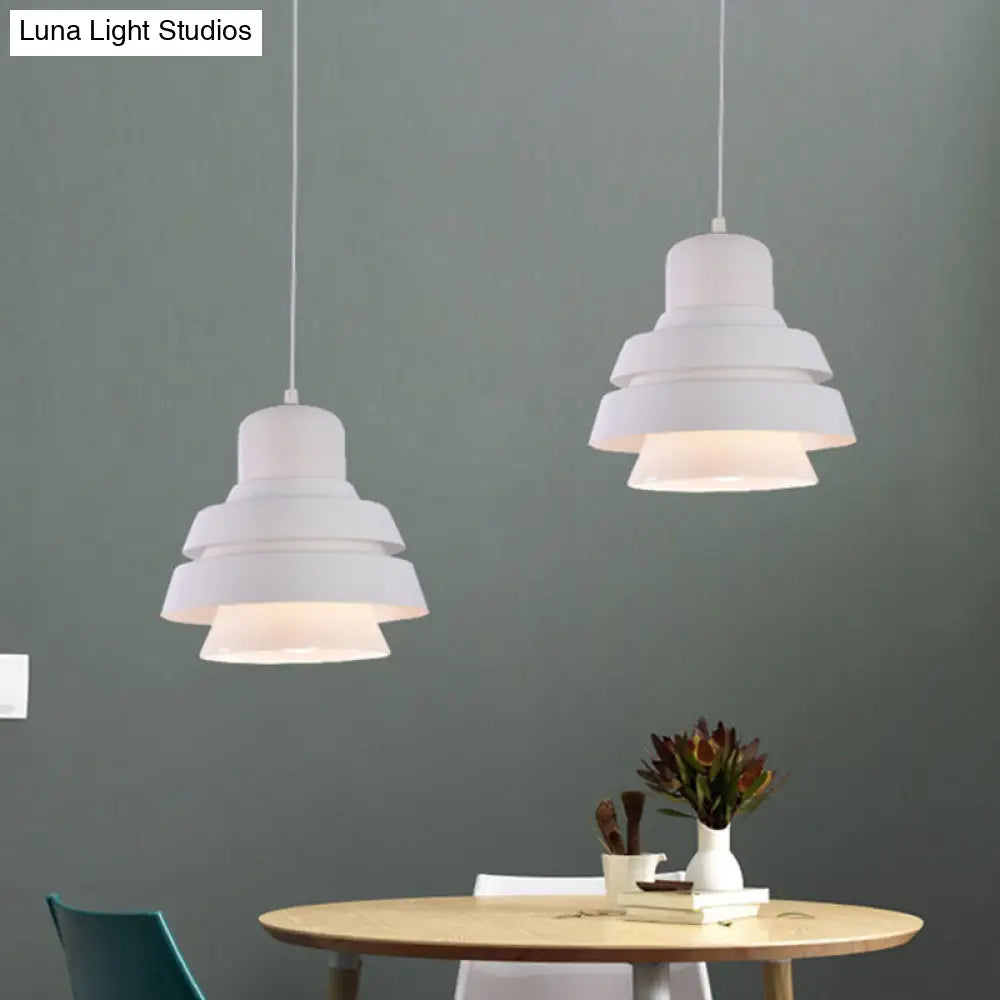 Modern White Pendant Light With Flared Metal Shade - Bedroom Lighting Fixture