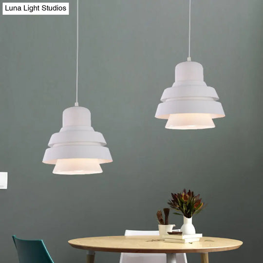 Modern White Pendant Light With Flared Metal Shade - Bedroom Lighting Fixture