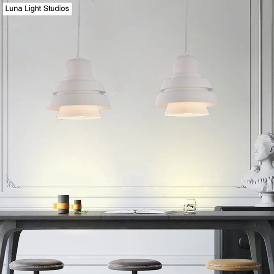 Modern White Pendant Light With Flared Metal Shade - Bedroom Lighting Fixture