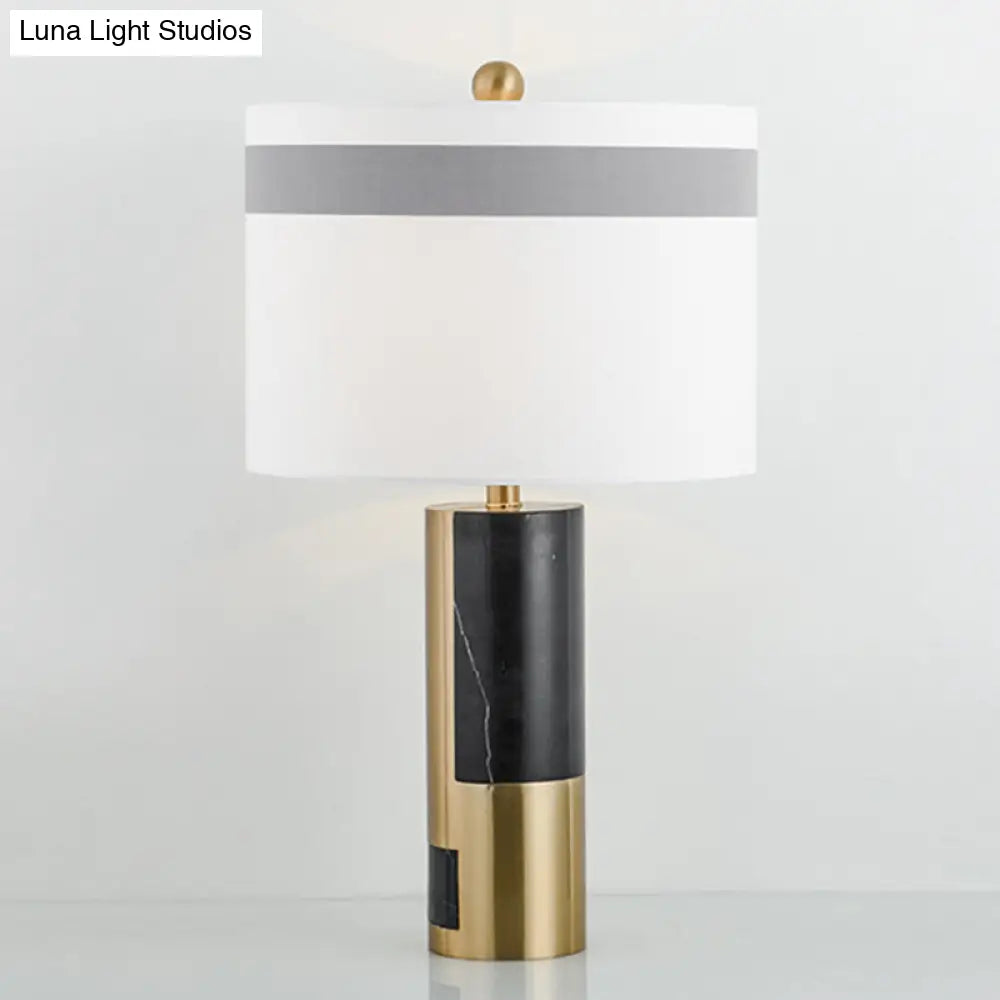 Modern White Bedside Table Lamp With Cylinder Fabric Shade