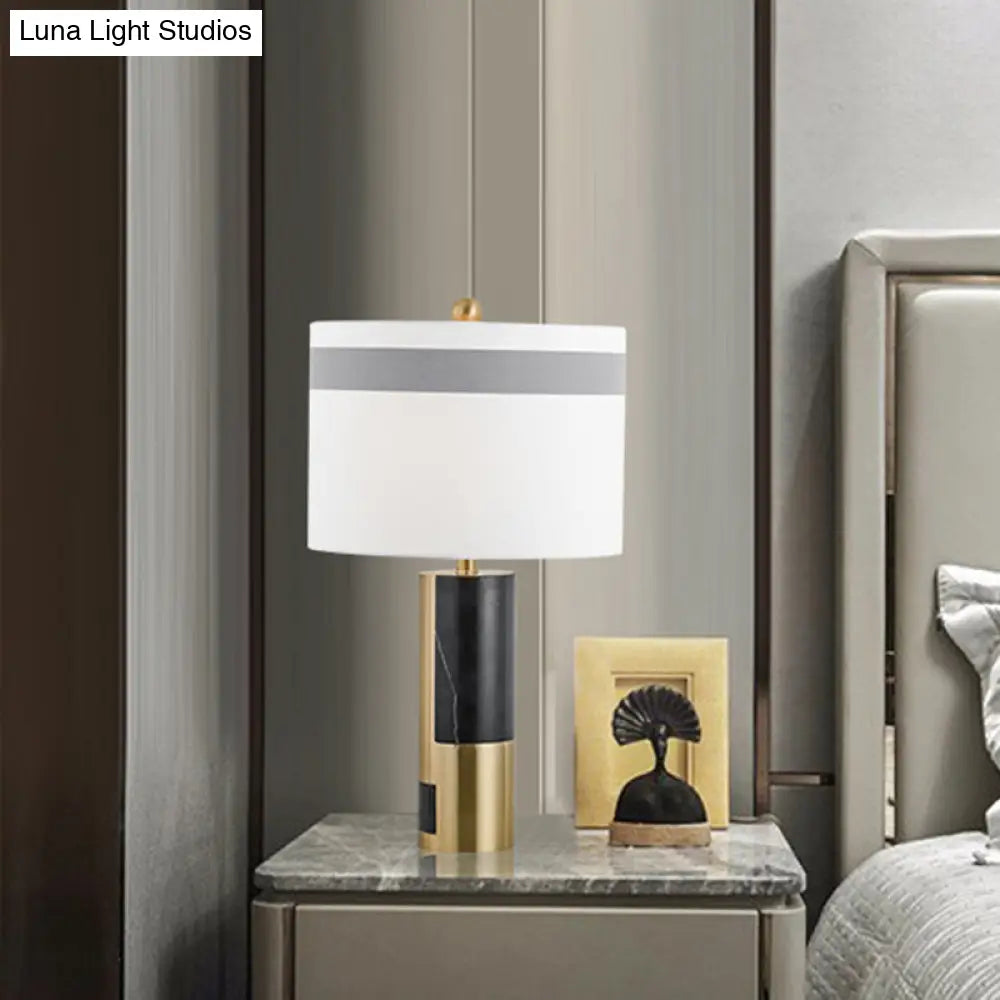 Modern White Bedside Table Lamp With Cylinder Fabric Shade