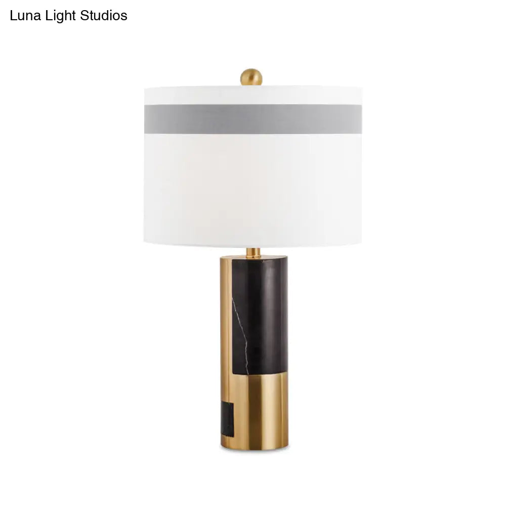 Modern White Bedside Table Lamp With Cylinder Fabric Shade