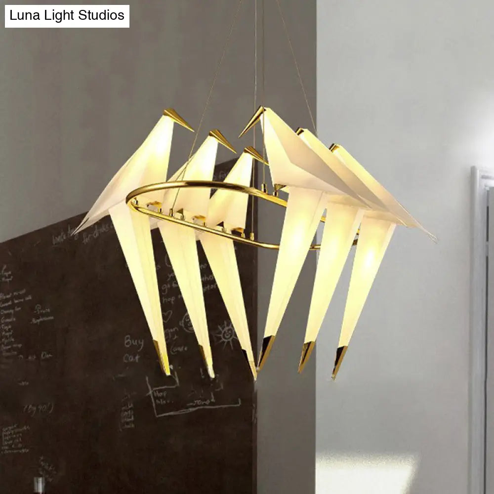 Modern White Bird Chandelier - 6-Light Plastic Hanging Lamp Gold Finish