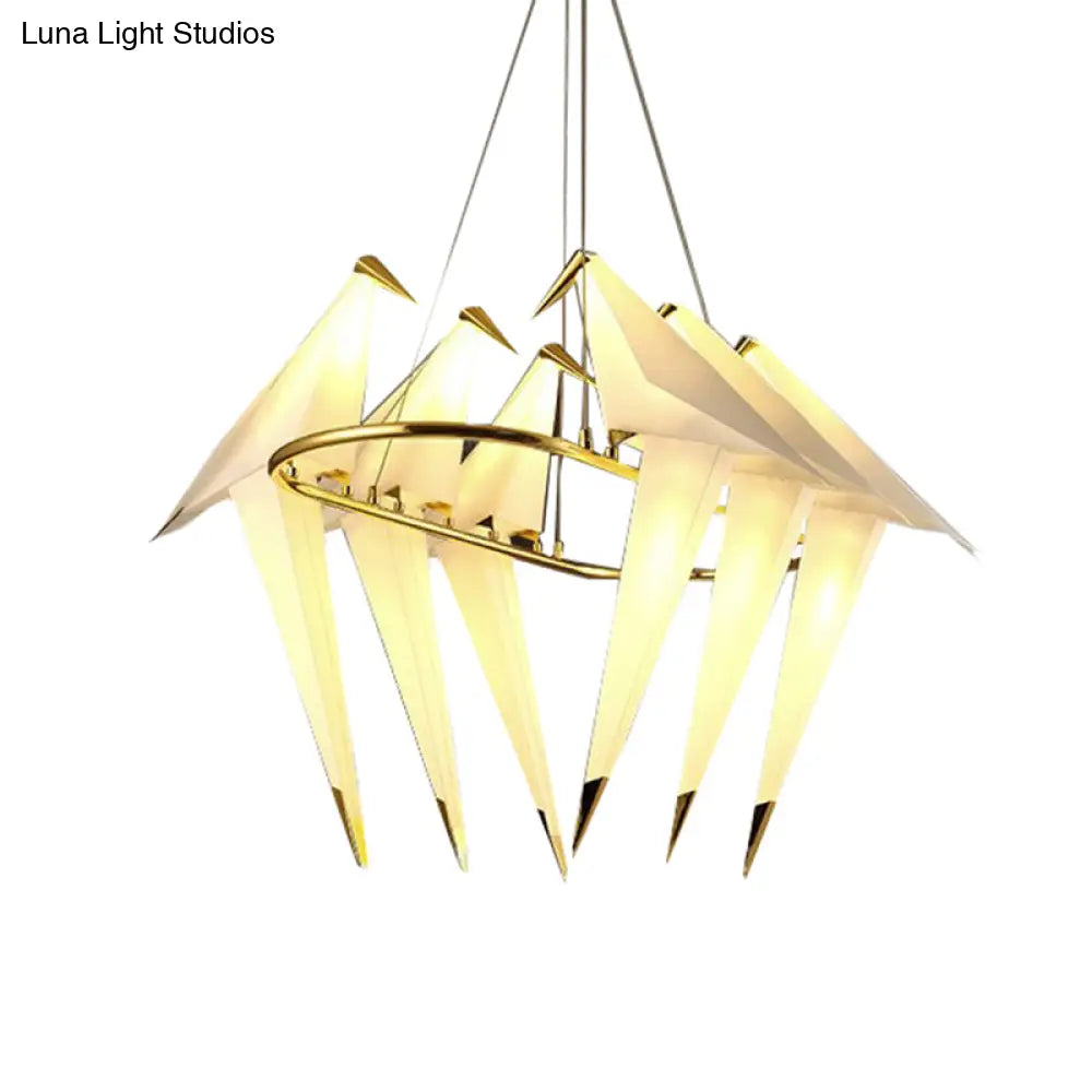 Modern White Bird Chandelier - 6-Light Plastic Hanging Lamp Gold Finish