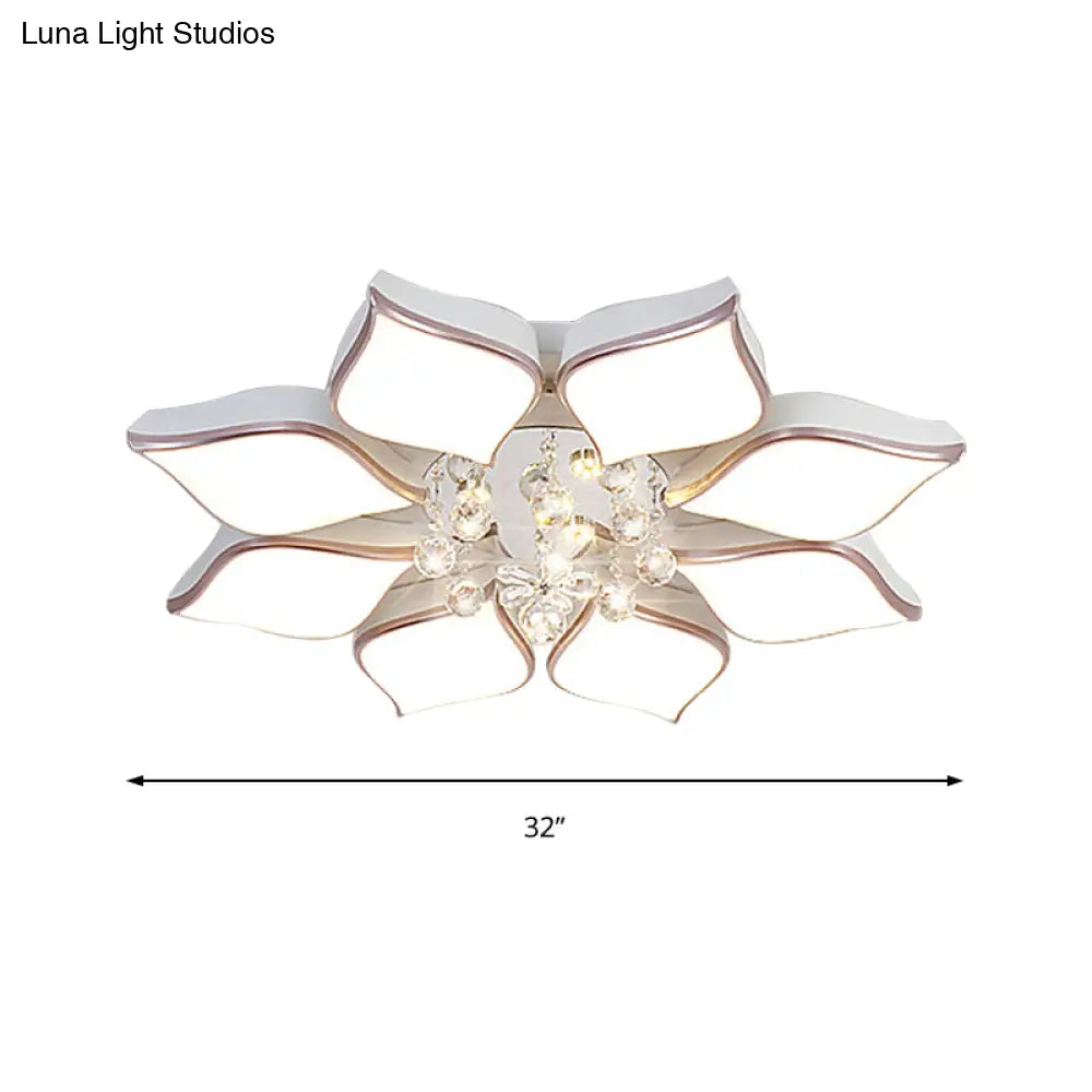 Modern White Blooming Flush Mount Ceiling Light With Crystal Drop - 8/10 Heads Warm Ambiance For