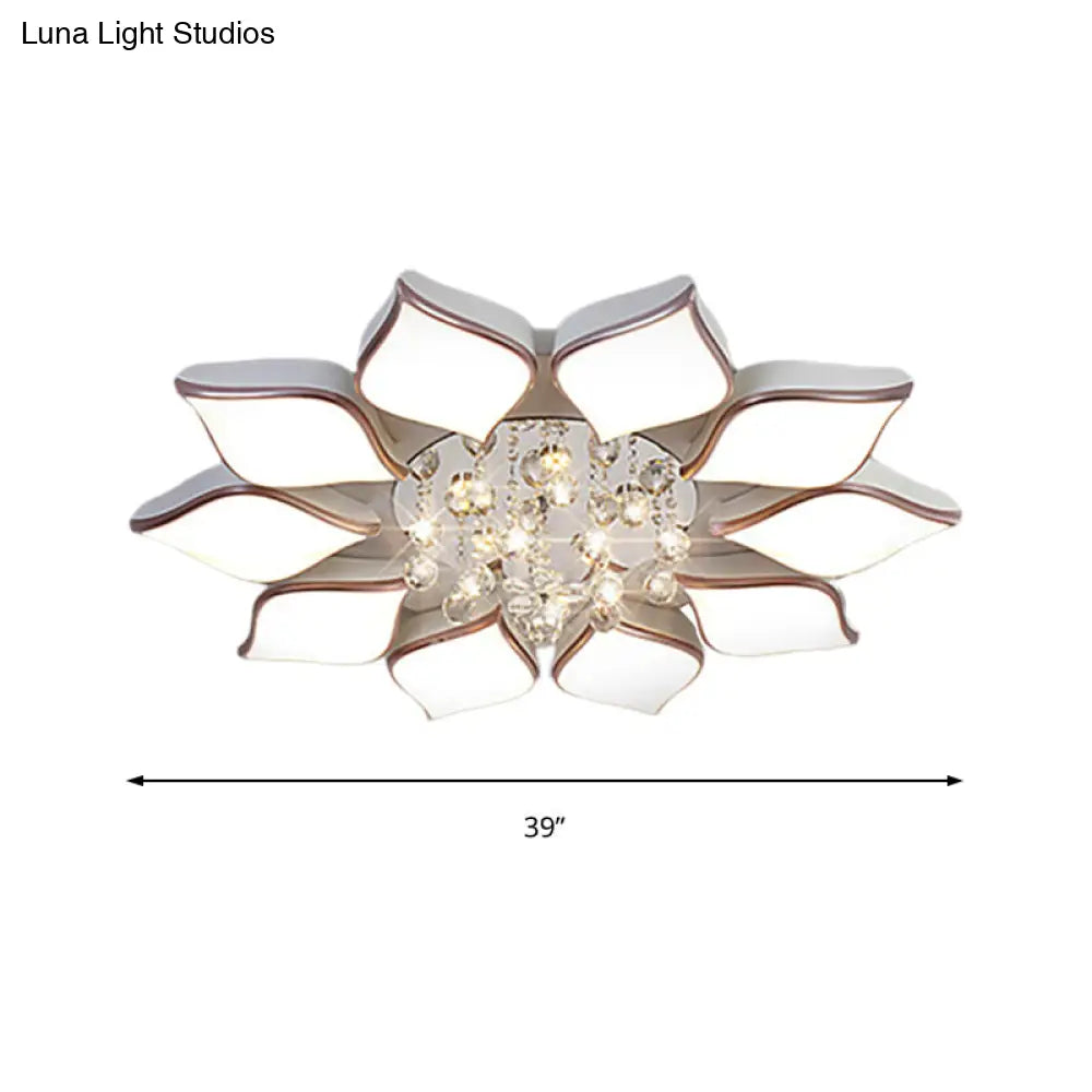 Modern White Blooming Flush Mount Ceiling Light With Crystal Drop - 8/10 Heads Warm Ambiance For