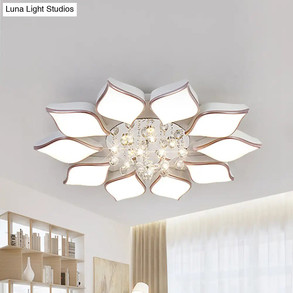 Modern White Blooming Flush Mount Ceiling Light With Crystal Drop - 8/10 Heads Warm Ambiance For