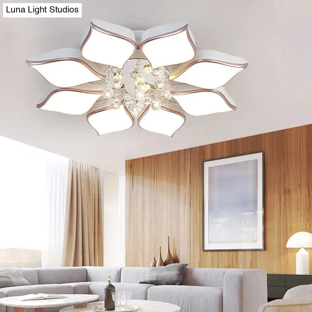 Modern White Blooming Flush Mount Ceiling Light With Crystal Drop - 8/10 Heads Warm Ambiance For